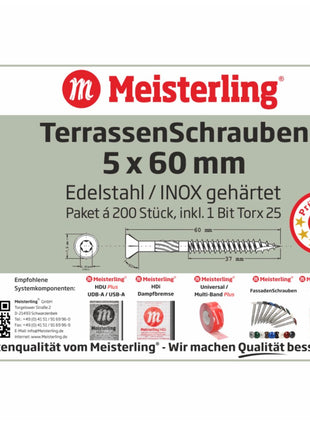 Meisterling Terrassenschrauben 5x60 mm 200 Stück ( 010010000021 ) CUT Spitze 90° Linsen Senkkopf mit Torx 2/3 Grobgewinde VA Edelstahl