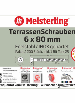 Meisterling Terrassenschrauben 6x80 mm 200 Stück ( 010010000041 ) CUT Spitze 90° Linsen Senkkopf mit Torx 2/3 Grobgewinde VA Edelstahl