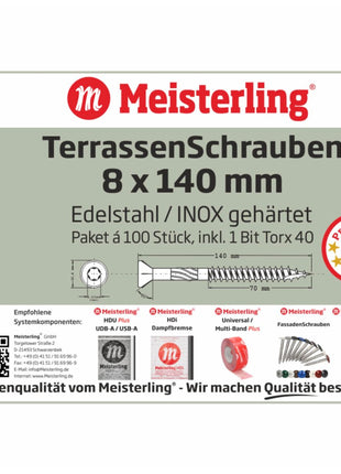 Meisterling Terrassenschrauben 8x140 mm 100 Stück ( 010010000071 ) CUT Spitze 90° Linsen Senkkopf mit Torx 2/3 Grobgewinde VA Edelstahl