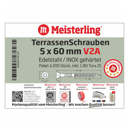 Meisterling Terrassenschrauben 5x60 mm 200 Stück ( 010010000211 ) CUT Spitze 90° Linsen Senkkopf mit Torx 2/3 Grobgewinde V2A Edelstahl