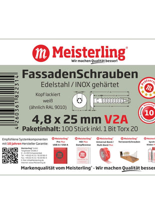 Meisterling Vis de façade 4.8x25 mm - 100 pièces (010020000001) 12 mm tête plate blanche + Filetage partiel Torx V2A acier inoxydable