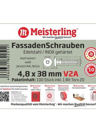 Meisterling Fassadenschrauben 4,8x38 mm 100 Stück ( 010020000201 ) 12 mm Flachkopf weiß mit Torx Teilgewinde V2A Edelstahl