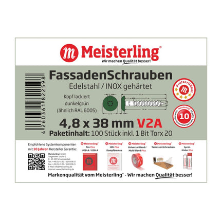 Meisterling Fassadenschrauben 4,8x38 mm 100 Stück ( 010020000241 ) 12 mm Flachkopf dunkelgrün mit Torx Teilgewinde V2A Edelstahl