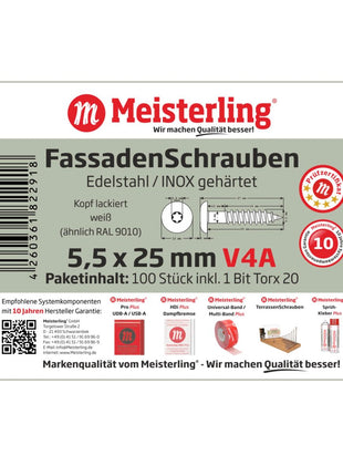 Meisterling Fassadenschrauben 5,5x25 mm 100 Stück ( 010030000001 ) 12 mm Flachkopf weiß mit Torx Teilgewinde V4A Edelstahl