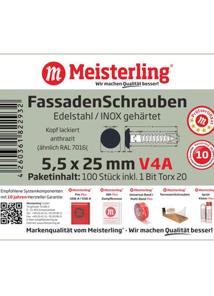 Meisterling Fassadenschrauben 5,5x25 mm 100 Stück ( 010030000011 ) 12 mm Flachkopf anthrazit mit Torx Teilgewinde V4A Edelstahl