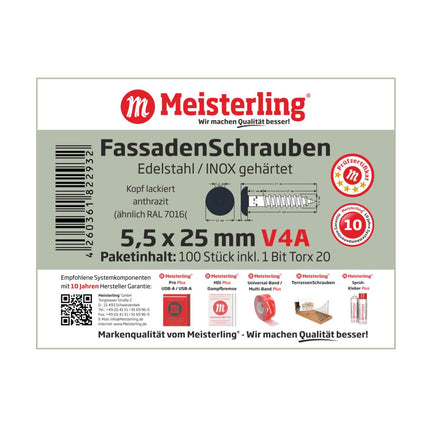 Meisterling Fassadenschrauben 5,5x25 mm 100 Stück ( 010030000011 ) 12 mm Flachkopf anthrazit mit Torx Teilgewinde V4A Edelstahl