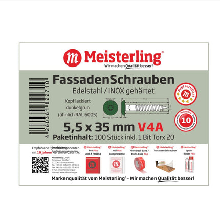 Meisterling Fassadenschrauben 5,5x35 mm 100 Stück ( 010030000141 ) 12 mm Flachkopf dunkelgrün mit Torx Teilgewinde V4A Edelstahl