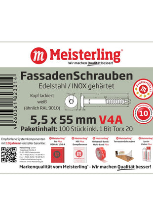 Meisterling Vis de façade 5,5x55 mm, 100 pcs., tête plate 12 mm, filetage partiel, empreinte Torx, acier inoxydable V4A, blanc (010030000411)