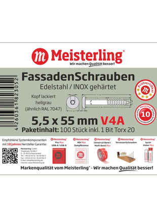 Meisterling Fassadenschrauben 5,5x55 mm 100 Stück ( 010030000441 ) 12 mm Flachkopf hellgrau mit Torx Teilgewinde V4A Edelstahl