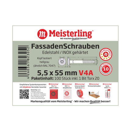 Meisterling Fassadenschrauben 5,5x55 mm 100 Stück ( 010030000441 ) 12 mm Flachkopf hellgrau mit Torx Teilgewinde V4A Edelstahl