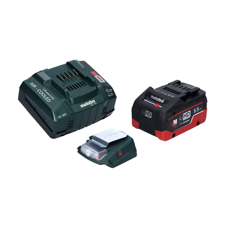 Metabo PA 14,4-18 LED-USB adaptateur secteur pour batterie, kit de base avec 1x batterie LiHD 5,5 Ah + chargeur ASC145