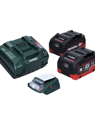 Metabo PA 14,4-18 LED-USB adaptateur secteur pour batterie, kit de base avec 2 batteries LiHD 5,5 Ah + chargeur ASC145