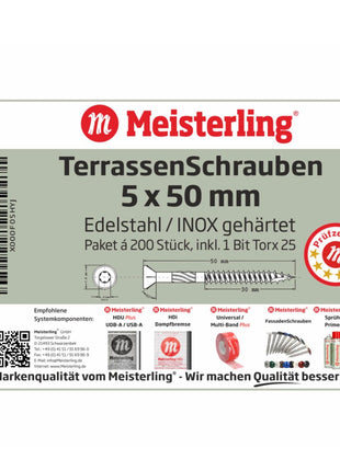 Meisterling Terrassenschrauben 5x50 mm 4800 Stück ( 24x 010010000011 ) CUT Spitze 90° Linsen Senkkopf mit Torx 2/3 Grobgewinde VA Edelstahl