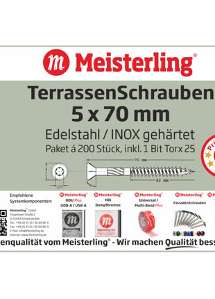 Meisterling Vis pour terrasse 90° 5x70 mm, 1000 pcs., tête fraisée, filetage Torx 2/3, acier inoxydable VA (5x 010010000031)