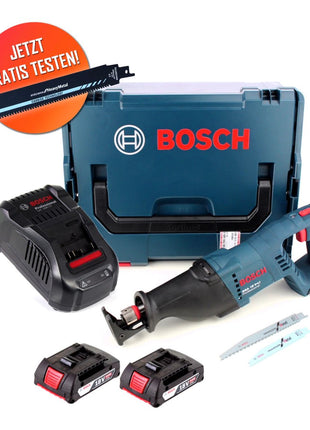 Gratis Bosch Carbide Säbelsägeblatt Bosch GSA 18 V-LI Akku Säbelsäge 18 V + 2x Akku 2,0 Ah + Ladegerät + L-Boxx