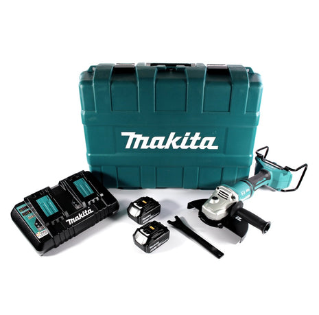 Amoladora angular a batería Makita DGA 900 PTK 36 V (2x 18 V) 230 mm sin escobillas + 2x batería 5,0 Ah + cargador doble + maletín