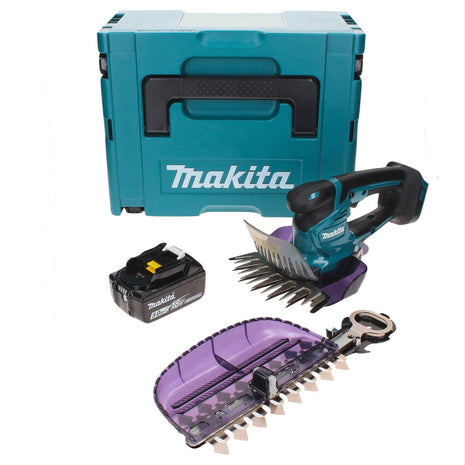 Tijeras para césped a batería Makita DUM 604 T1XJ 18 V con cuchilla para cortacésped y arbustos + 1x batería 5,0 Ah + Makpac - sin cargador