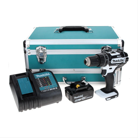 Makita DHP 482 SG1TX W taladro percutor inalámbrico 18 V 62 Nm blanco + 1x batería 6,0 Ah + cargador + juego de brocas 70 piezas + maletín de aluminio TX