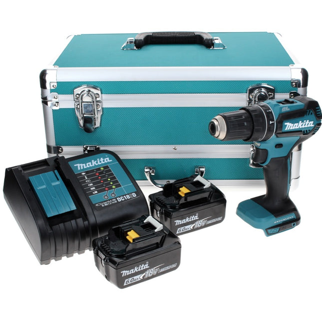 Makita DHP 485 SGTX Akku Schlagbohrschrauber 18 V 50 Nm Brushless + 2x Akku 6,0 Ah + Ladegerät + 70 tlg. Bit Bohrer Set + TX Alu Koffer