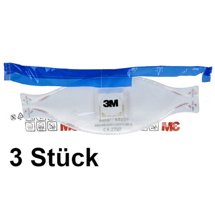 3M FFP3 Aura 9332+ Atemschutzmaske mit Ventil 3 Stück EN149:2001 FFP3 NR D für Dämmstoffe und Hartholz