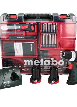 Metabo PowerMaxx BS Basic Set Akku Bohrschrauber 10,8 V 34 Nm + 2x Akku 2,0 Ah + Ladegerät + 64 tlg. Bit Bohrer Set + Koffer ( 600080880 )