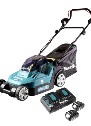 Cortacésped a batería Makita DLM 432 PF2 36 V (2x 18 V) 43 cm sin escobillas + 2x batería 3,0 Ah + cargador doble