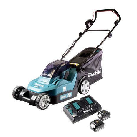 Cortacésped a batería Makita DLM 432 PF2 36 V (2x 18 V) 43 cm sin escobillas + 2x batería 3,0 Ah + cargador doble