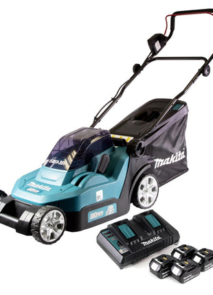 Cortacésped a batería Makita DLM 432 PM4 36 V (2x 18 V) 43 cm sin escobillas + 4x batería 4,0 Ah + cargador doble