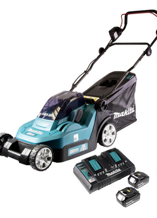 Cortacésped a batería Makita DLM 432 PG2 36 V (2x 18 V) 43 cm sin escobillas + 2x batería 6,0 Ah + cargador doble