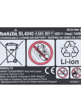 Makita 2x BL 4040 Kit de batteries 40 V max.4,0 Ah XGT Li-Ion Classe de protection IP64 + Affichage LED (2x 191B26-6)