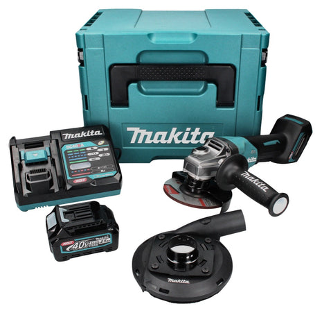 Amoladora angular a batería Makita GA 016 GD101 40 V máx. 125 mm sin escobillas XGT + 1x batería 2,5 Ah + cargador + campana de aspiración + Makpac