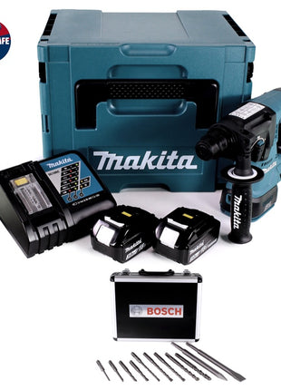 Taladro percutor inalámbrico Makita DHR 242 RFJ 18 V 2.0 J SDS-plus sin escobillas + 2x baterías 3.0 Ah + cargador + juego de taladro y cincel 11 piezas certificado PGM + Makpac.