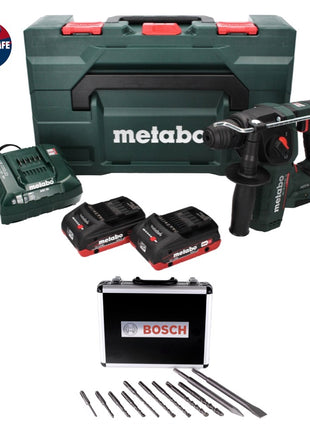 Metabo BH 18 LTX BL 16 Akku Bohrhammer 18 V 1,3 J SDS-plus Brushless + 2x Akku 4,0 Ah + Ladegerät + Bohrer und Meißel Set 11 tlg. PGM zertifiziert + MetaBOX