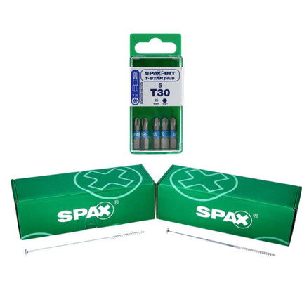 SPAX Set BIT T-STAR plus T30 - 6,4 x 25 mm, 5 Stk. ( 5000009182309 ) + HI.FORCE Tellerkopf Schraube 6,0 x 60 mm 200 Stk. ( 0251010600605 )