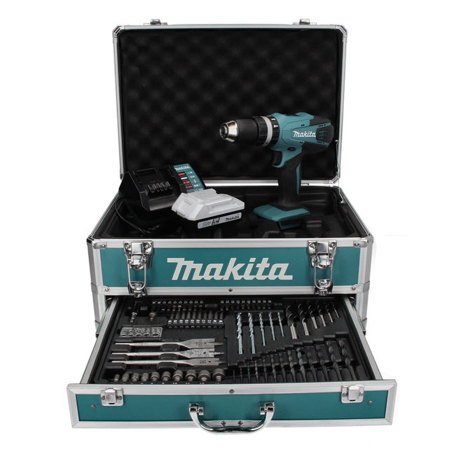 Makita HP 457 DWX4 Akku Schlagbohrschrauber 18 V 42 Nm G-Serie + 1x Akku 1,5 Ah + Ladegerät + 70 tlg. Bit Bohrer Set + Koffer