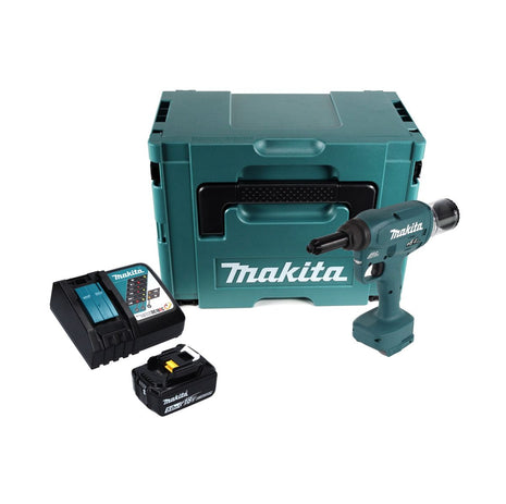 Makita DRV 250 RT1J Akku Blindnietsetzgerät 18 V 20 kN Brushless + 1x Akku 5,0 Ah + Ladegerät + Makpac