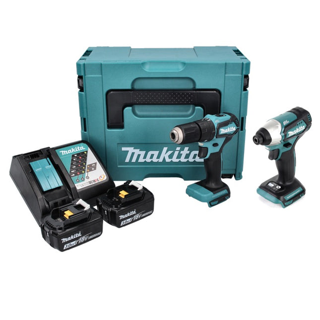 Makita DLX 2221 JX2 Akku Kombo Kit 18 V mit DHP 483 40 Nm + DTD 155 140 Nm Brushless + 2x Akku 3,0 Ah + Ladegerät + Bitset + Makpac