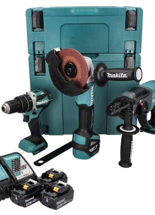 Makita DLX 3093 TJ  18 V Set spécial 3: 1x DHP 484, 54 Nm + 1x DHR 202, 2,0 J + 1x DGA 513, 125 mm + 3x Batteries 5,0 Ah + Chargeur + 2x Coffrets Makpac