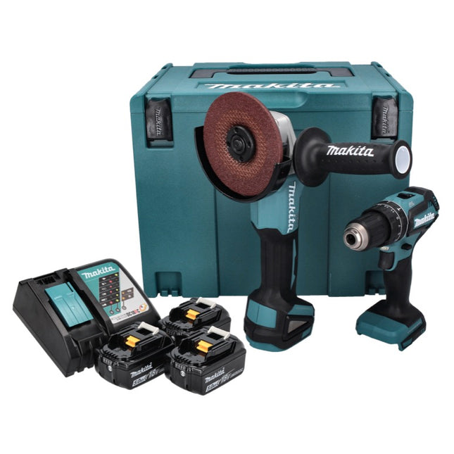 Makita DLX 2334 J Akku Kombo Kit 18 V mit DHP 485 50 Nm Brushless + DGA 504 125 mm Brushless + 3x Akku 3,0 Ah + Ladegerät + Makpac