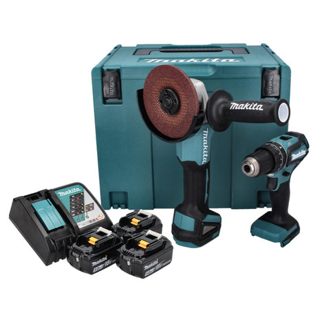 Kit combinado de batería Makita DLX 2334 J 18 V con DHP 485 50 Nm sin escobillas + DGA 504 125 mm sin escobillas + 3x batería 3,0 Ah + cargador + Makpac