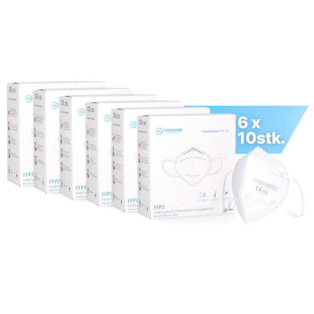 Shengang 60x FFP2 Maske CE zertifiziert Apotheken konform Mund Atem Nasen Schutz 5-Lagig ISO9001:2015 / EN149 2001 A1:2009