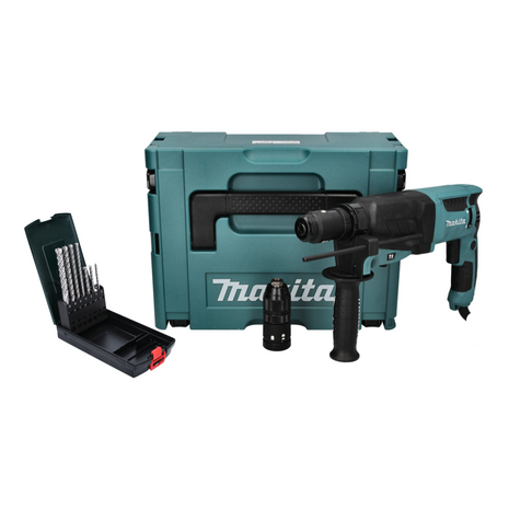 Makita HR 2630 TJ Kombihammer 800 W 2,4 J SDS Plus + 7 tlg. Bohrer Set + Schnellspannfutter + Makpac