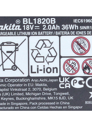 Makita BL 1820 B 18 V - Batería de iones de litio de 2,0 Ah / 2000 mAh con pantalla LED (197254-9) - original, no es una réplica