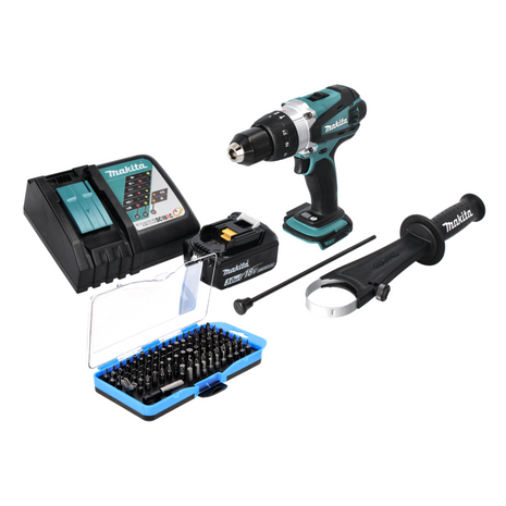 Taladro percutor inalámbrico Makita DHP 458 RF1 18 V 91 Nm + 1x batería 3,0 Ah + cargador + juego de puntas 100 piezas