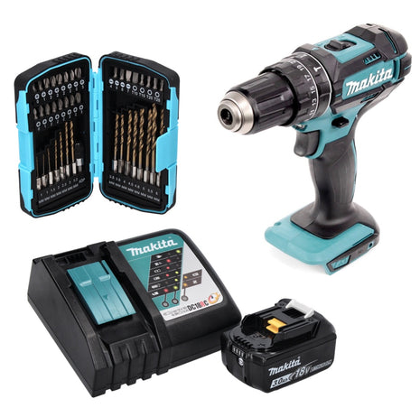 Taladro percutor inalámbrico Makita DHP 482 RF1 18 V 62 Nm + 1x batería 3,0 Ah + cargador + juego de brocas de 40 piezas