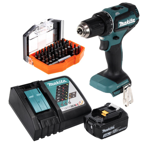 Makita DDF 485 RF1 taladro atornillador inalámbrico 18 V 50 Nm sin escobillas + 1x batería 3,0 Ah + cargador + juego de puntas 44 piezas