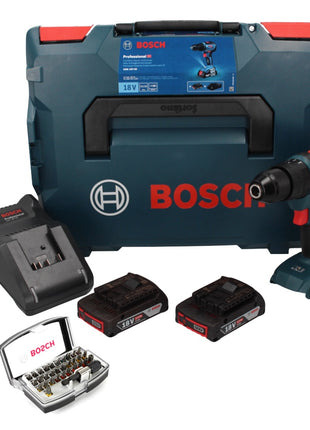 Bosch GSB 18V-55 Professional perceuse à percussion sans fil 18 V 55 Nm sans balais + 2x batteries 2,0 Ah + chargeur + L-Boxx (06019H5370) + jeu d'embouts Bosch 32 pièces dans un coffret robuste gris (2607017319)