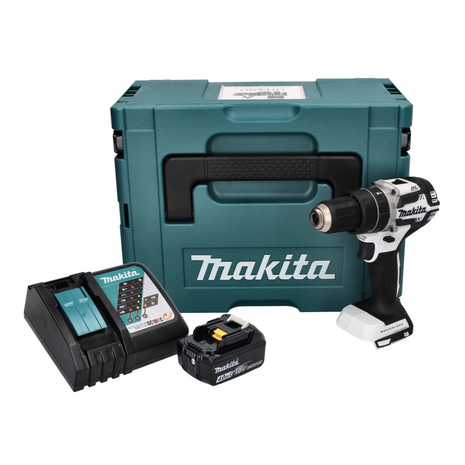 Makita DHP 484 RM1J W Taladro percutor inalámbrico 18 V 54 Nm sin escobillas blanco + 1x batería 4,0 Ah + cargador + Makpac