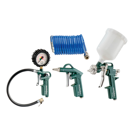 Metabo LPZ 4 Set d'outils à air comprimé (601585000) + Jauge de gonflage des pneus + Pistolet à peinture + Tuyau spiralé