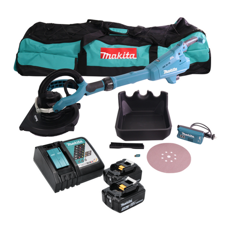 Makita DSL 800 RTX Akku Langhalsschleifer 18 V 225 mm Brushless + 2x Akku 5,0 Ah + Ladegerät + Zubehör + Tasche